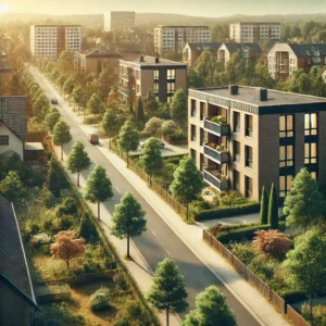Eine sonnenbeschienene, von Bäumen gesäumte Vorstadtstraße mit modernen Mehrfamilienhäusern bietet Wohnungen in Herten. Nur wenige Autos und üppiges Grün sind zu sehen und schaffen eine friedliche Nachbarschaftsatmosphäre.