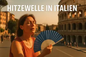Eine Frau mit Fächer kühlt sich bei großer Hitze in Rom – Symbolbild zur Hitzewelle in Italien 2025
