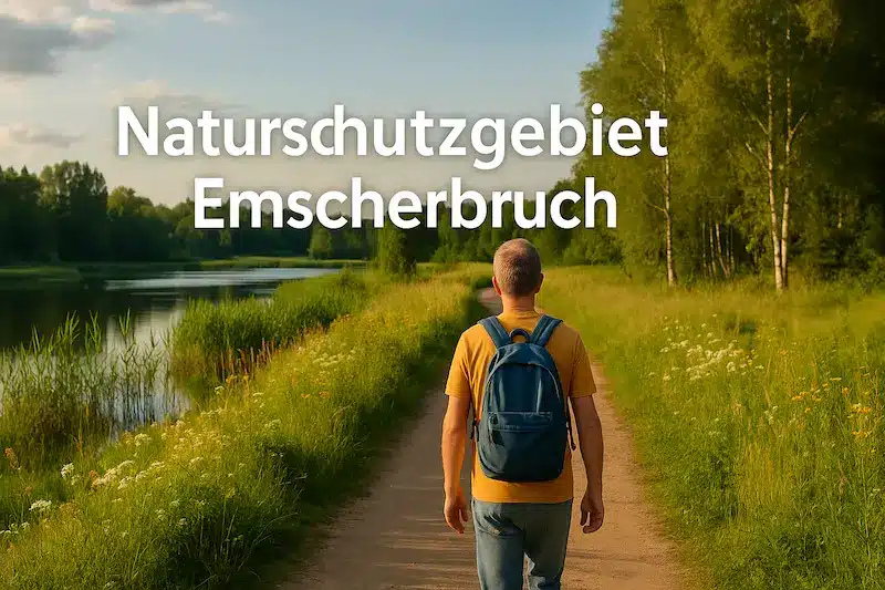 Ein Mann mit Rucksack wandert im Naturschutzgebiet Emscherbruch entlang eines Uferpfads zwischen Wildblumen, Seeufer und Bruchwald im Abendlicht.