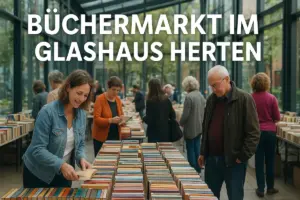 Besucher stöbern beim Büchermarkt im Glashaus Herten zwischen langen Tischen voller Bücher am 29. August 2025