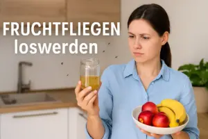 Frau hält Glas mit Essigfalle gegen Fruchtfliegen in moderner Küche und schaut prüfend auf die Flüssigkeit.