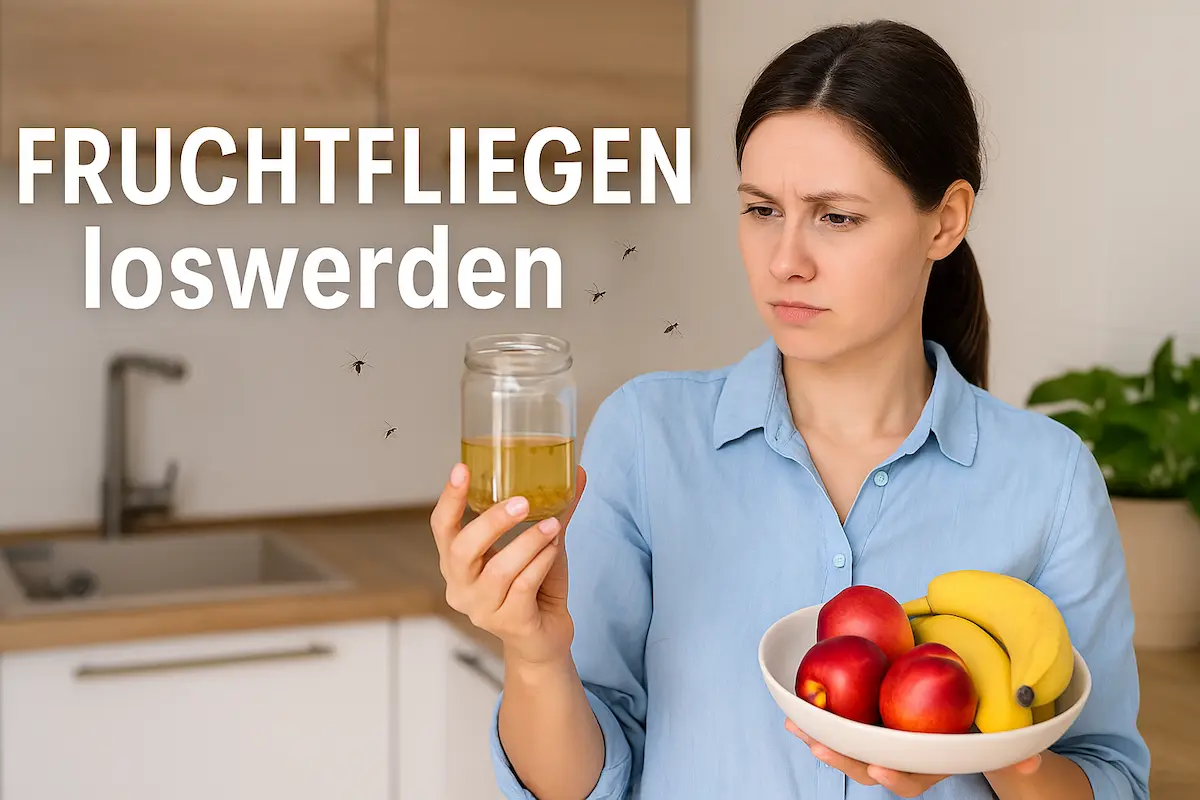 Frau hält Glas mit Essigfalle gegen Fruchtfliegen in moderner Küche und schaut prüfend auf die Flüssigkeit.