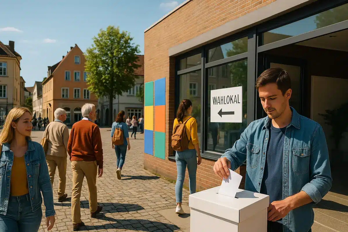 Menschen in einer kleinen deutschen Stadt gehen zur Kommunalwahl 2025 in Herten in ein modernes Wahllokal.