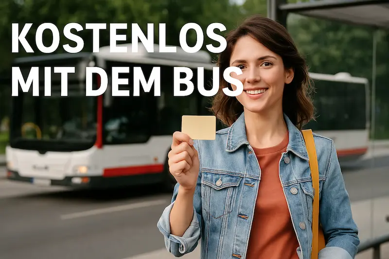 Lächelnde Frau an Bushaltestelle hält Fahrkarte, kostenlos mit dem Bus unterwegs