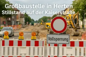 Großbaustelle in Herten: Voll gesperrte Kaiserstraße mit Baustellenfahrzeugen und Hinweisschildern zur Umleitung