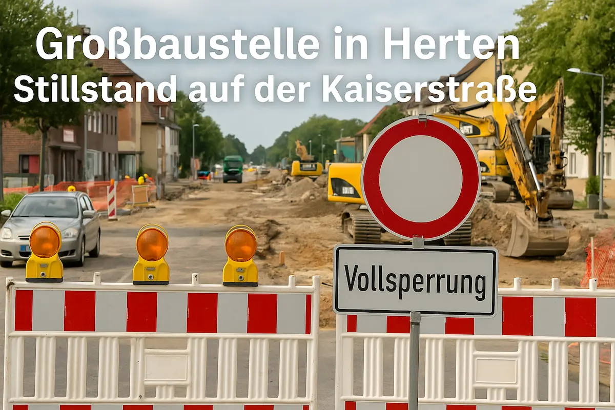 Großbaustelle in Herten: Voll gesperrte Kaiserstraße mit Baustellenfahrzeugen und Hinweisschildern zur Umleitung