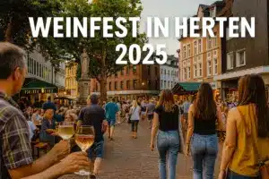 Menschen feiern beim Weinfest in Herten 2025 in der Innenstadt rund um das Antoniusdenkmal mit Wein, Musik und geselligem Beisammensein.