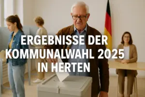 Ergebnisse der Kommunalwahl 2025 in Herten: Wähler geben Stimmen im Wahllokal ab, Wahlurne im Vordergrund.