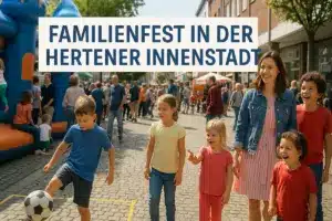 Familienfest in der Hertener Innenstadt: Familien mit Kindern genießen Spiele und Aktivitäten auf dem Marktplatz.