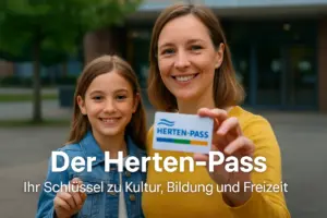Frau und Kind halten stolz den Herten-Pass vor dem Bürgerbüro in Herten