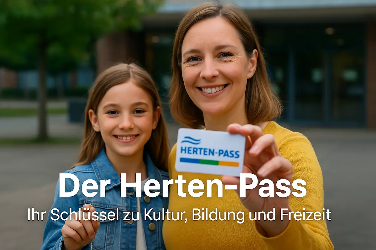 Frau und Kind halten stolz den Herten-Pass vor dem Bürgerbüro in Herten