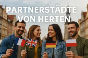 Vier junge Menschen halten Flaggen der Partnerstädte von Herten – Arras, Doncaster, Schneeberg und Szczytno – vor einer europäischen Stadtkulisse.