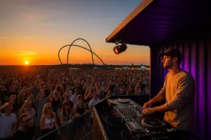 Menschen feiern beim SunsetPicknick 2025 auf der Halde Hoheward bei Sonnenuntergang vor dem Horizontobservatorium.