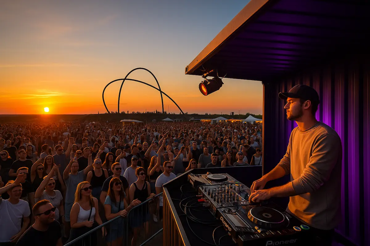 Menschen feiern beim SunsetPicknick 2025 auf der Halde Hoheward bei Sonnenuntergang vor dem Horizontobservatorium.