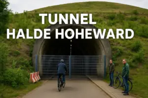 Radfahrer vor dem verschlossenen Tunnel unter der Halde Hoheward in Herten