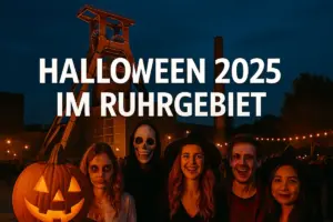 Menschen in Kostümen feiern Halloween 2025 im Ruhrgebiet vor beleuchteter Industriearchitektur mit Kürbis und Lichterketten.