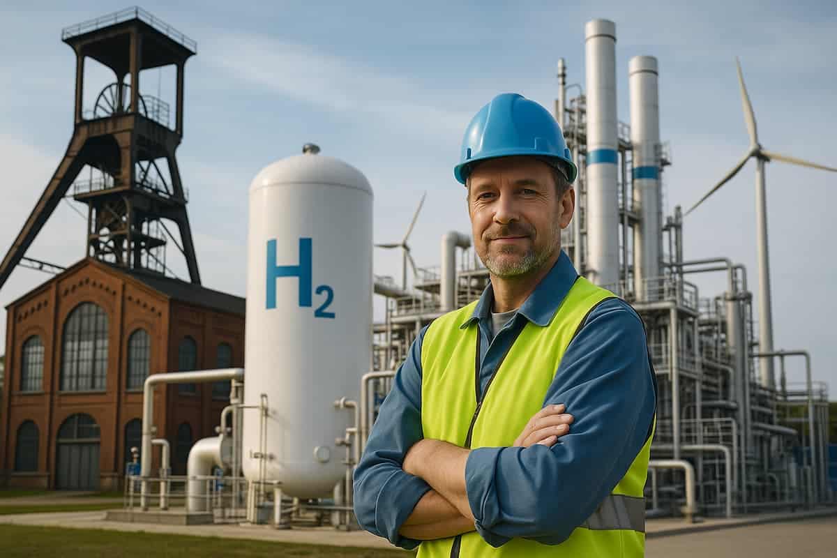 Ein Arbeiter steht vor einer Wasserstoffanlage in Herten, die den Wandel der Stadt vom Bergbau zur Wasserstoffstadt der Zukunft symbolisiert.