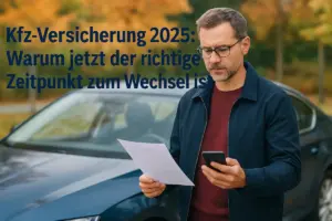 Ein Mann steht vor seinem Auto, liest seine Kfz-Versicherung 2025 und prüft mit dem Smartphone mögliche Tarifwechsel.