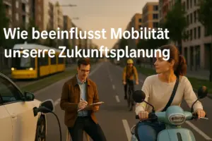 „Wie beeinflusst Mobilität unsere Zukunftsplanung“: Menschen nutzen E-Scooter, Fahrrad, Elektroauto und Straßenbahn in moderner Stadt.