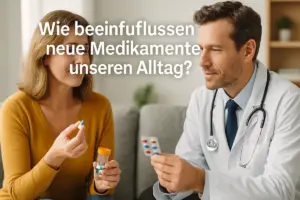 Ärztin berät Patientin über neue Medikamente; Blisterpackung und Pillendose auf dem Tisch; moderne Praxis, freundliche Lichtstimmung.