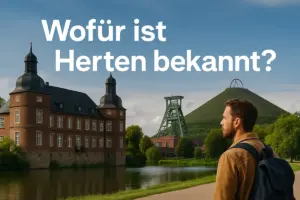 Ein Mann blickt auf Schloss Herten, die Zeche Ewald und die Halde Hoheward – Symbole dafür, wofür Herten bekannt ist.