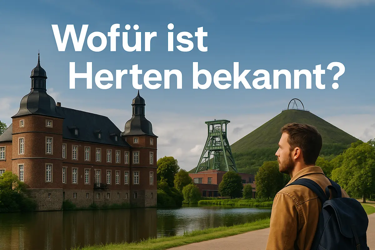 Ein Mann blickt auf Schloss Herten, die Zeche Ewald und die Halde Hoheward – Symbole dafür, wofür Herten bekannt ist.