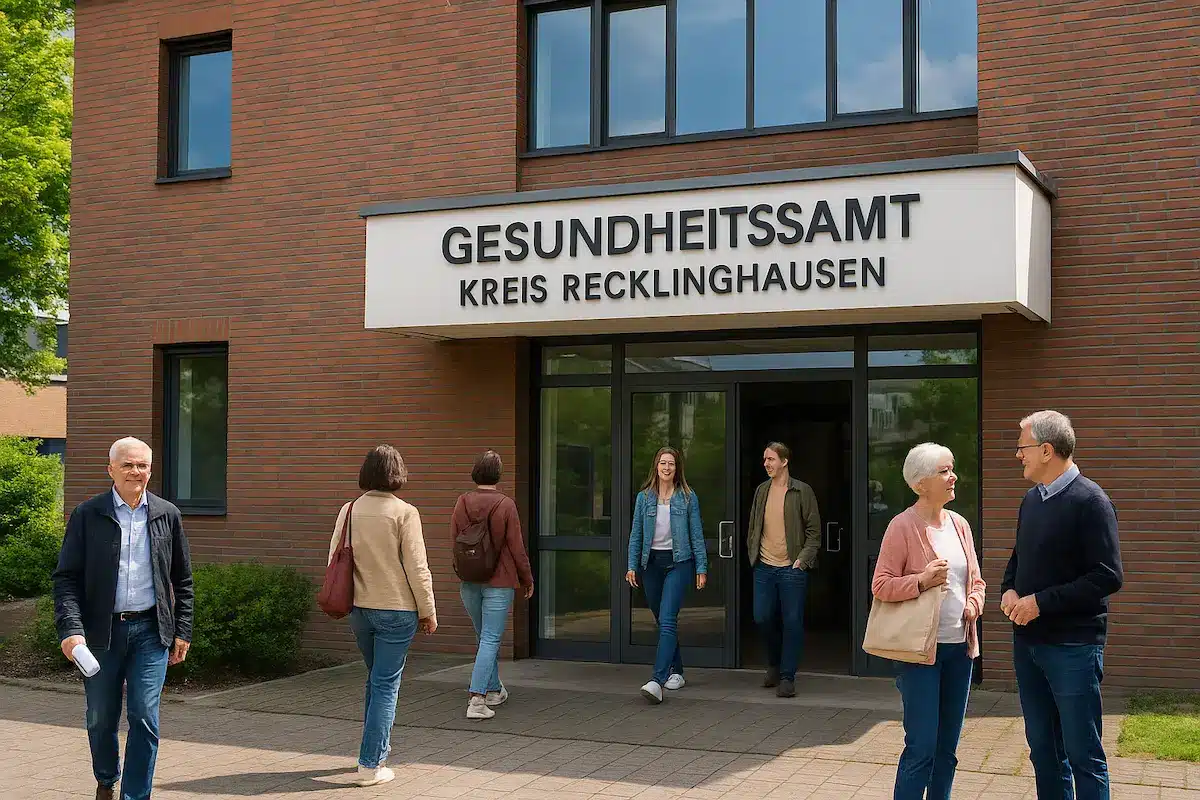 Menschen vor dem Eingang des Gesundheitsamt Kreis Recklinghausen; Tageslicht, freundliche Szene, barrierearmer Zugang erkennbar.
