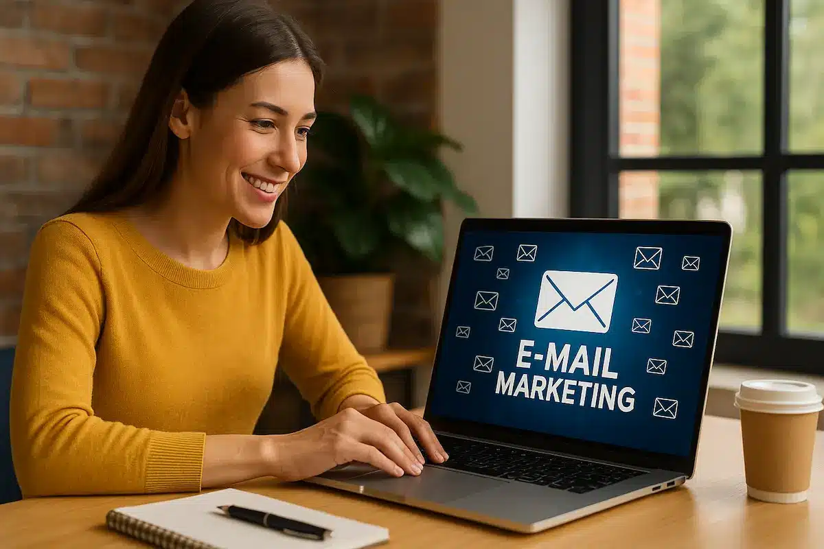 Frau arbeitet am Laptop und betrachtet ein E-Mail-Marketing-Dashboard.