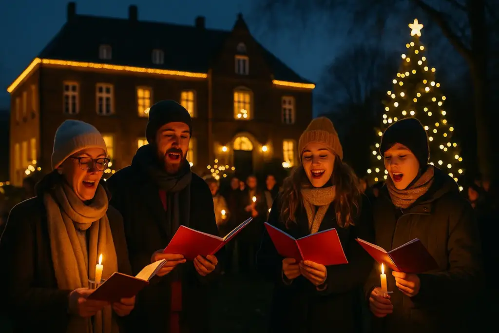 Teilnehmende singen beim Weihnachtssingen im Schloss Westerholt vor beleuchtetem Schloss und Weihnachtsbaum im Abendlicht.