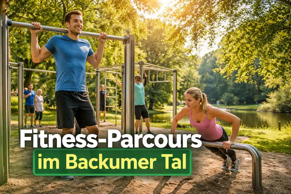 Fitness-Parcours im Backumer Tal in Herten: Ein Mann macht Klimmzüge an einer Reckstange, während eine Frau Liegestütze an den Parallelbarren ausführt, umgeben von Bäumen und einem ruhigen See im Hintergrund.
