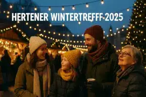 Familie genießt den Hertener Wintertreff 2025 auf dem abendlichen Weihnachtsmarkt, umgeben von Lichterketten und Holzbuden in der Innenstadt.
