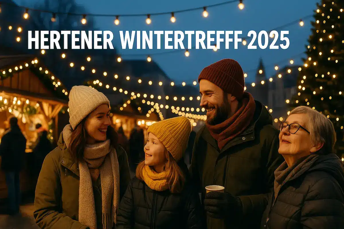 Familie genießt den Hertener Wintertreff 2025 auf dem abendlichen Weihnachtsmarkt, umgeben von Lichterketten und Holzbuden in der Innenstadt.