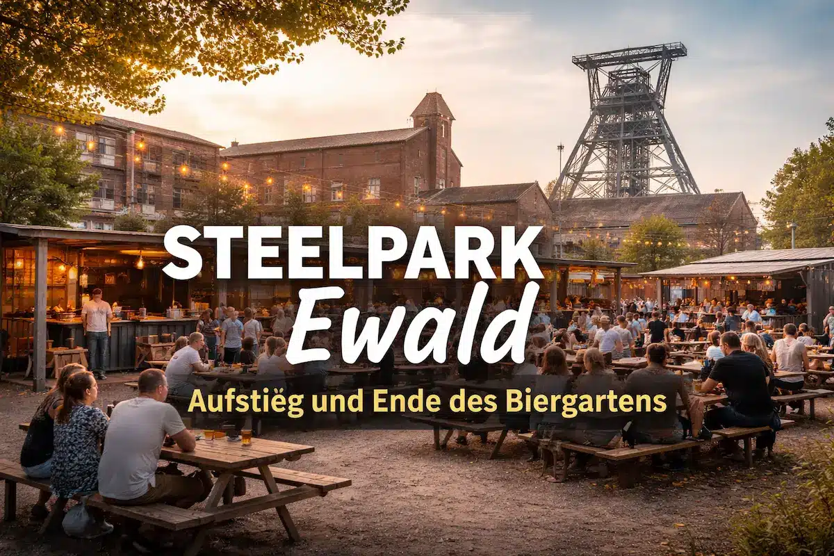 Biergarten STEELPARK Ewald auf dem Gelände der Zeche Ewald in Herten mit historischer Industriekulisse und Besuchern