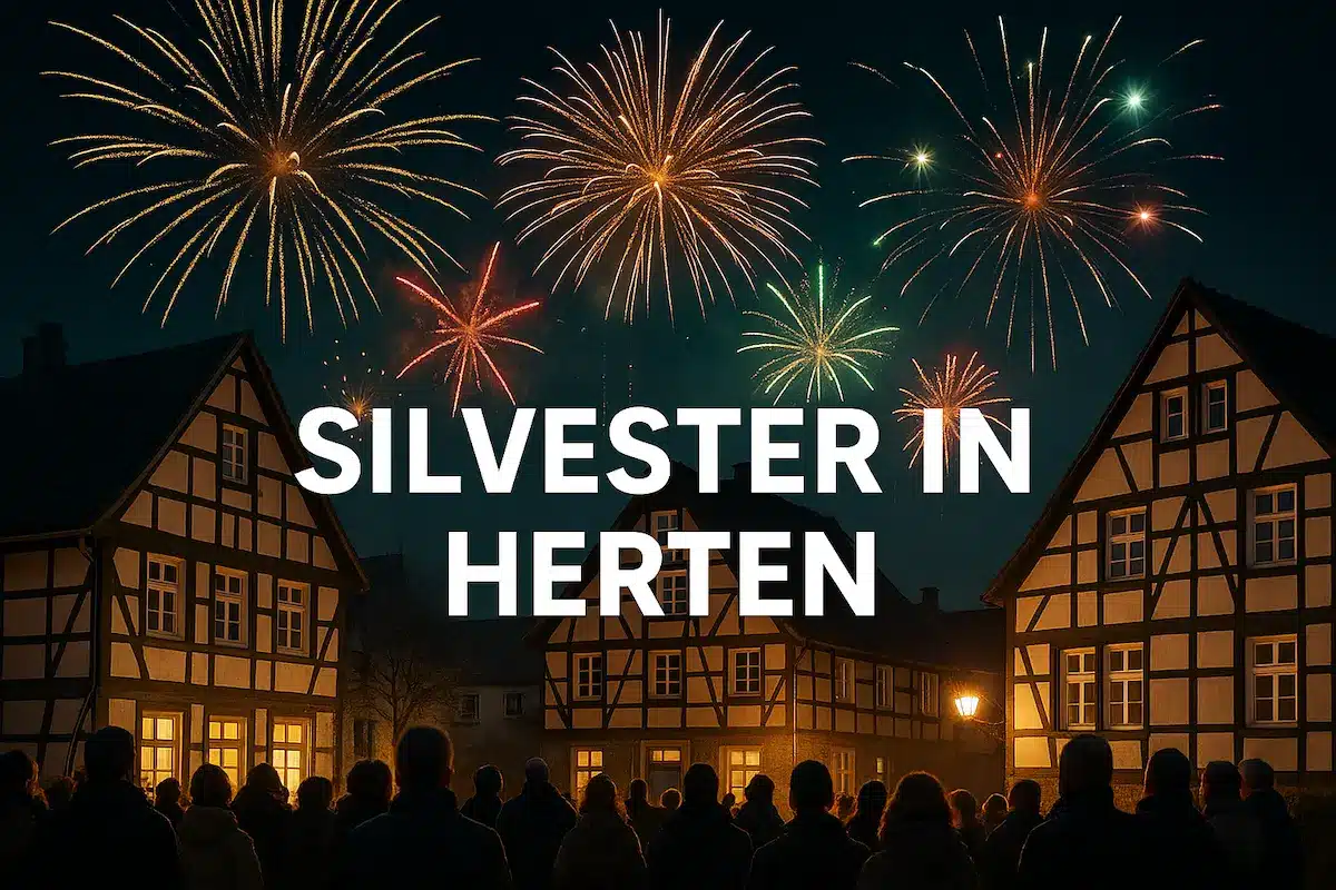 Feuerwerk über einer nächtlichen Stadtlandschaft zum Jahreswechsel, passend zum Thema Silvester in Herten.