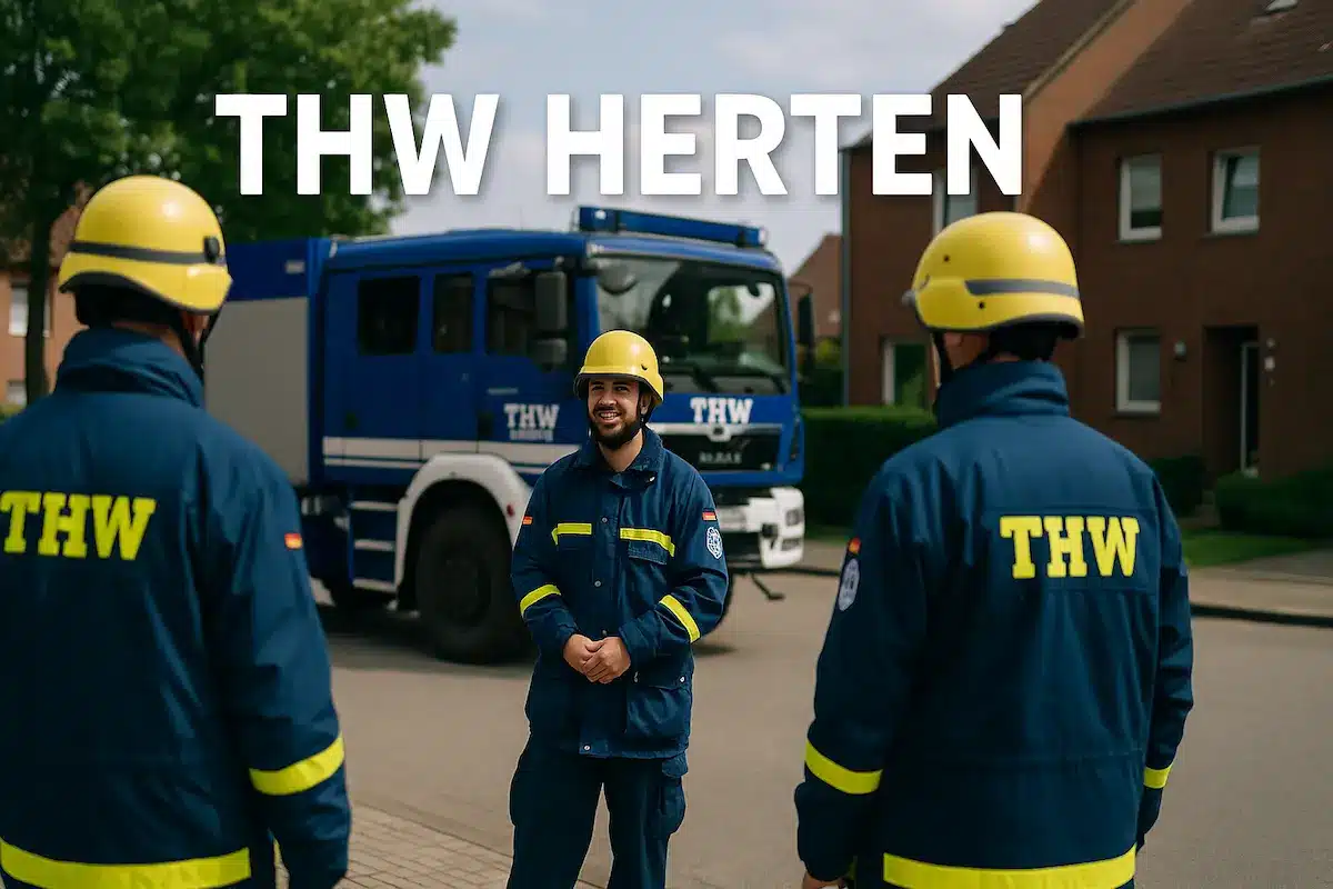 Ehrenamtliche des THW Herten stehen in Uniform vor einem THW-Einsatzfahrzeug in einem Wohngebiet.