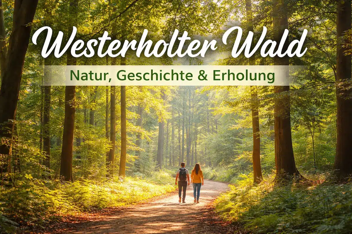 Spazierweg im Westerholter Wald mit hohen Laubbäumen und zwei Menschen im warmen Abendlicht