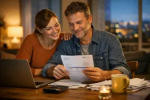 Buchhaltung und Rechnungswesen Nordrhein-Westfalen 2026 – Paar prüft gemeinsam Unterlagen am Küchentisch bei warmem Abendlicht
