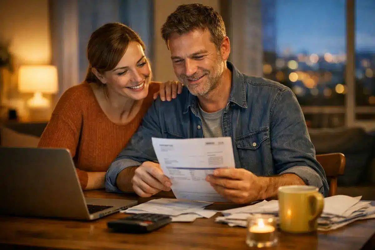 Buchhaltung und Rechnungswesen Nordrhein-Westfalen 2026 – Paar prüft gemeinsam Unterlagen am Küchentisch bei warmem Abendlicht