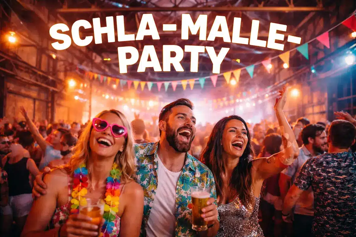 Schla-Malle-Party mit feiernden Gästen bei Schlager- und Mallorca-Musik in industrieller Eventlocation