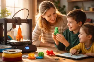 Kreativ werden mit 3D-Druck: Mutter und Kinder gestalten gemeinsam ein 3D-gedrucktes Objekt am Tisch