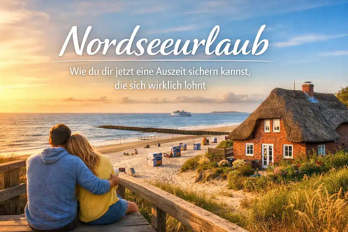Ein Paar genießt einen ruhigen Nordseeurlaub mit Blick auf Strand, Meer und Ferienhaus bei Sonnenuntergang
