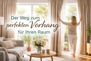 Eine Frau öffnet in einem hellen Wohnzimmer einen Vorhang vor großen Fenstern und zeigt, wie ein passender Vorhang Licht und Raumwirkung verändert.