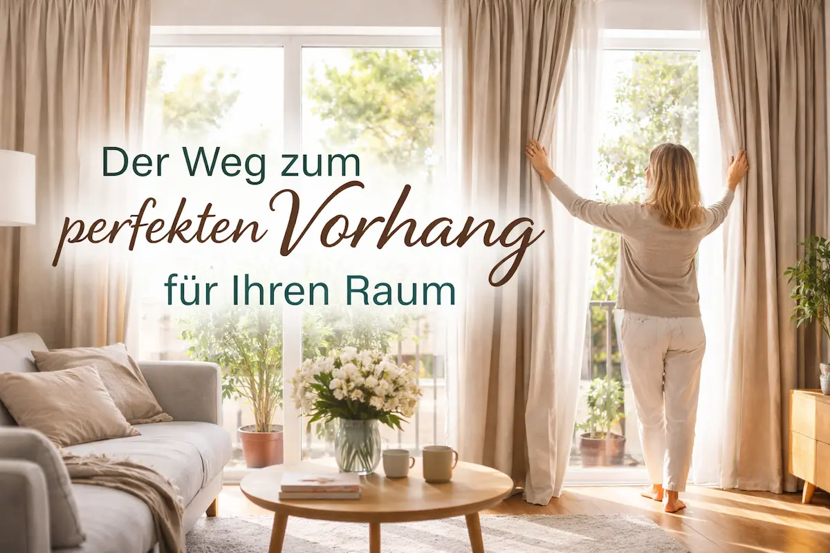 Eine Frau öffnet in einem hellen Wohnzimmer einen Vorhang vor großen Fenstern und zeigt, wie ein passender Vorhang Licht und Raumwirkung verändert.