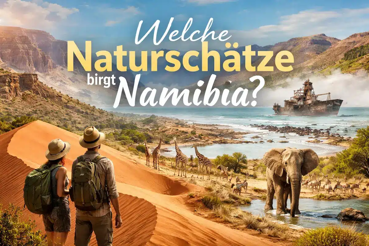 Welche Naturschätze birgt Namibia: Wüstenlandschaft mit Elefanten, Giraffen und Küstenpanorama
