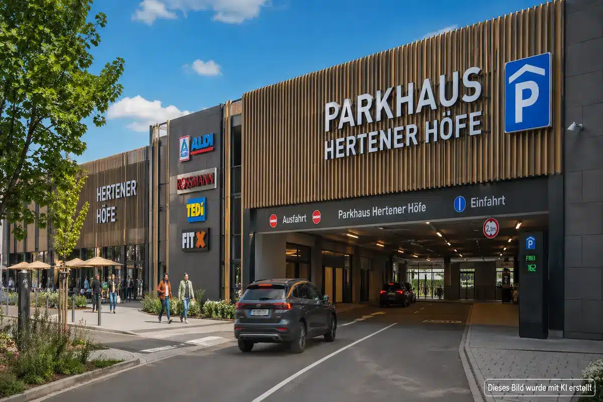 Einfahrt zum Parkhaus Hertener Höfe in Herten mit angrenzenden Geschäften und Fußgängern im Innenstadtbereich