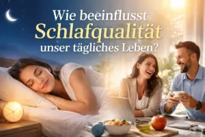 Schlafqualität beeinflusst das tägliche Leben: erholsam schlafende Frau und entspannte Alltagsszene am Morgen
