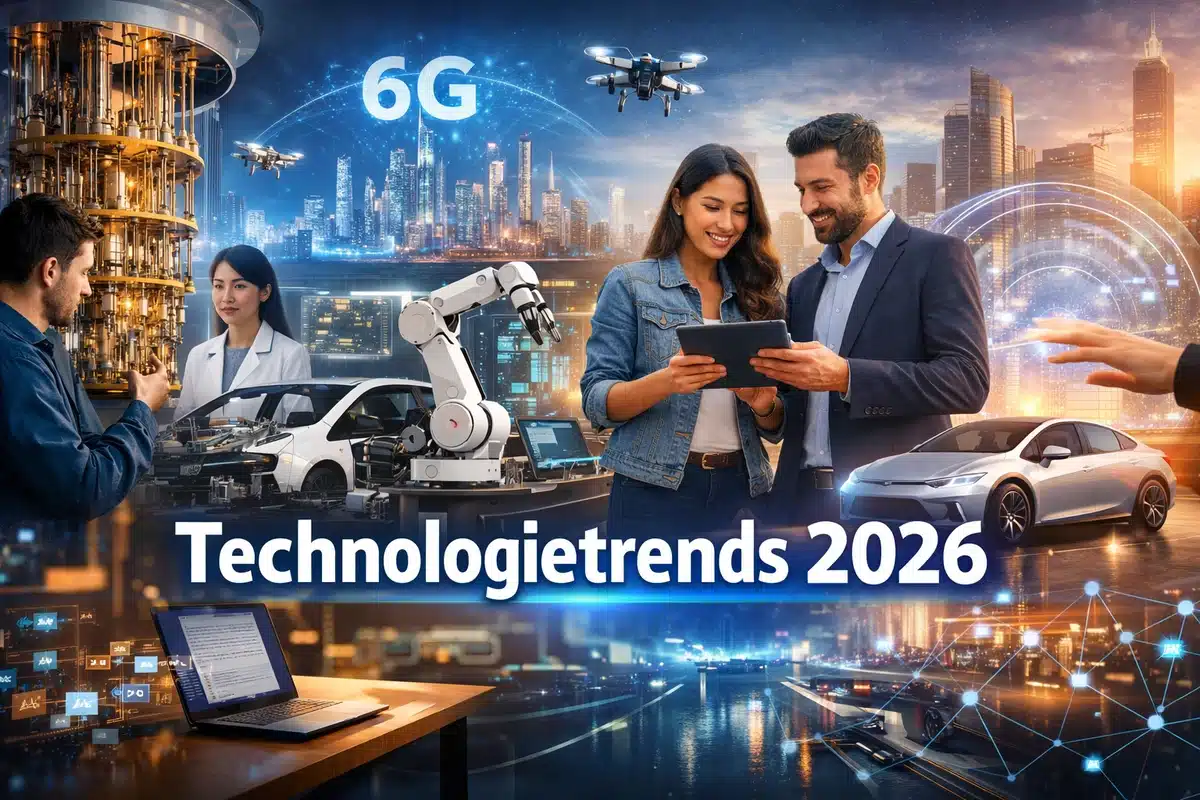 Technologietrends 2026: Menschen arbeiten mit KI, Robotik und 6G-Technologie in moderner, vernetzter Umgebung