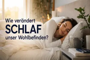 Titelbild zum Thema „Wie verändert Schlaf unser Wohlbefinden?“ mit entspannt schlafender Frau in heller, ruhiger Schlafumgebung