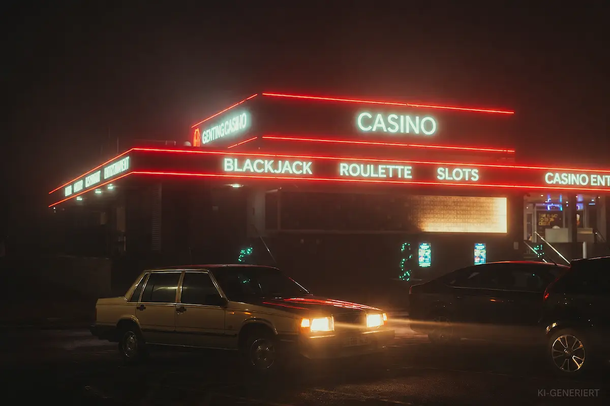 Live-Casinos im Fokus: Beleuchtetes Casino bei Nacht mit Roulette- und Blackjack-Hinweisen